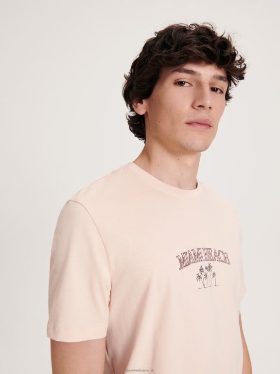 roz pastel Reserved bărbați îmbrăcăminte tricou la modă cu imprimeu cu fit regulat 648HZ1270